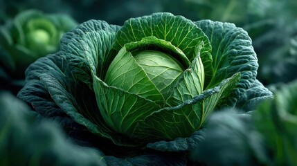 Obraz premium A close-up image of a large, tightly packed green cabbage head showcasing fresh, crisp leaves with vibrant green hues.