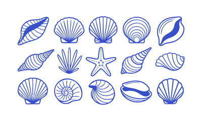Seashell Line Icons Set – Minimal Blue Outline Marine Vector illustration, Ocean Shells and Starfish – Clean Blue Line Art Collection on White, easily editable.