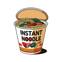 Simple Instant Noodle Cup Vector Illustration with Noodles, Vegetables, and Open Lid Design