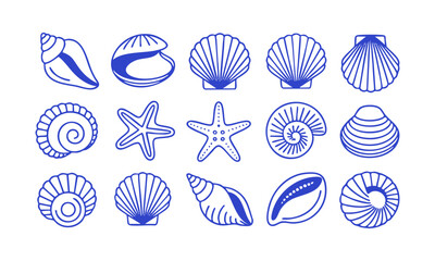 Seashell Line Icons Set &ndash; Minimal Blue Outline Marine Vector illustration, Ocean Shells and Starfish &ndash; Clean Blue Line Art Collection on White, easily editable.