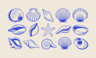 Seashell Line Icons Set – Minimal Blue Outline Marine Vector illustration, Ocean Shells and Starfish – Clean Blue Line Art Collection on White, easily editable.