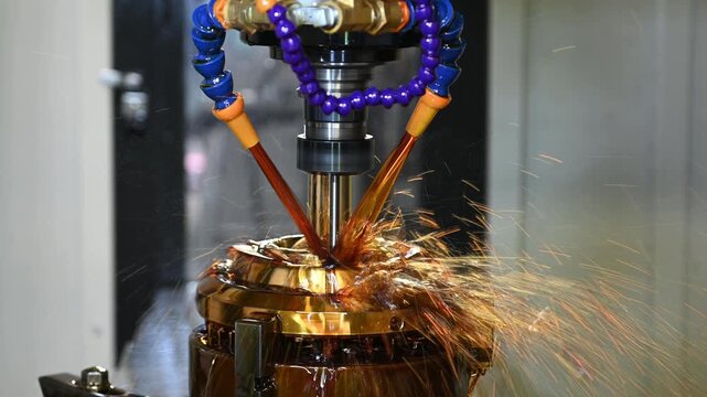 Close up scene the CNC milling machine finishing cut the brass shell mold parts with oil coolant method.
