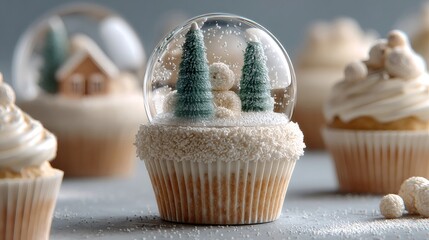 Cupcake snow globe creating winter holiday dessert scene