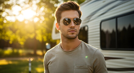 Handsome Young Man in Sunglasses Standing Outside RV During Golden Hour Light