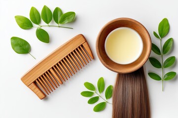 A wooden comb and hair cream beside long brown hair on a white background