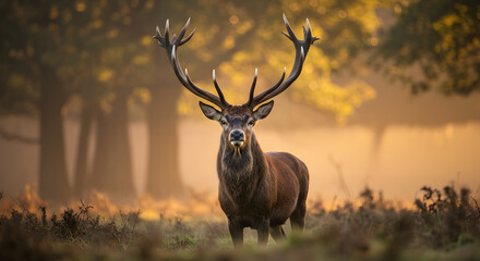 Majestic Stag Standing Proudly in a Misty Forest Clearing During Autumn Morning Sunshine