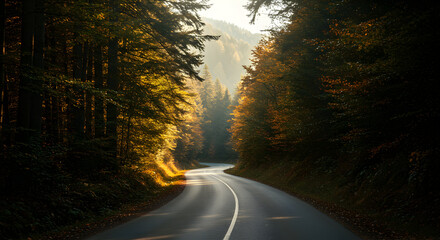 Serene Winding Road Through Autumn Forest with Sunlight Filtering Through Trees
