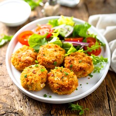 Four golden-brown patties on a plate, accompanied by a fresh salad