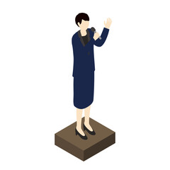 Businesswoman giving a speech with microphone, isometric illustration