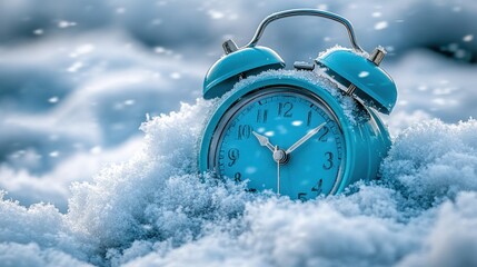 Blue alarm clock buried in snow