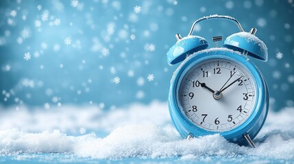 Blue alarm clock in snow