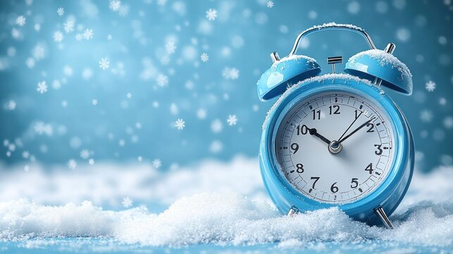 Blue alarm clock in snow