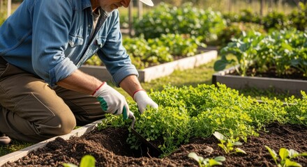 Medium shot of a gardener mixing green manure into soil demonstrating sustainable fertility management practices.