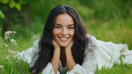 Joyful Woman Posing in Sunlit Grass
