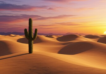 Lone cactus stands tall against a dramatic desert sunset sky.