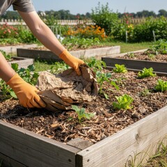 Fototapeta premium Medium view of hands spreading paper mulch over garden beds showcasing renewable compostable materials supporting organic agriculture and healthy plant growth.