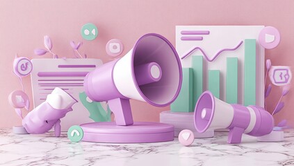 Pastel-hued 3D render of megaphones, charts, and social media icons on a marble surface, suggesting marketing or advertising