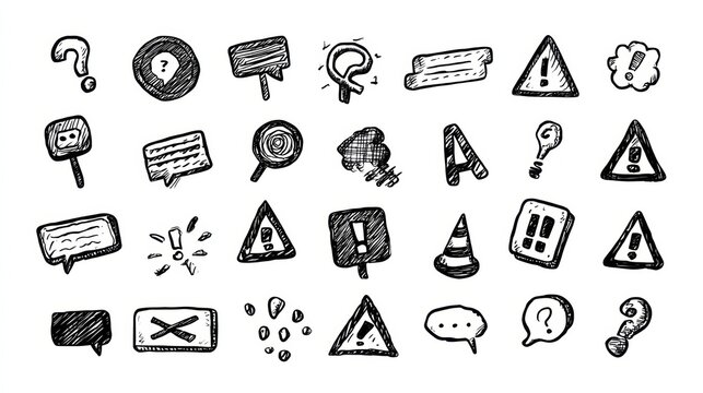 Sketchy Icons Depicting Various Warning Signs, Questions, and Messages in Black and White Style