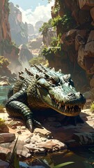 Large green crocodile resting near a shallow stream in a rocky canyon. Sunlight highlights the creature
