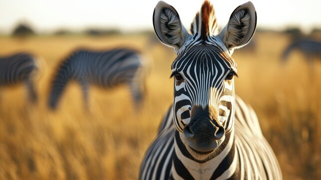A zebra stands gracefully in golden grasslands, showcasing natures beauty. This photograph captures the wilds essence, inviting viewers to connect with wilderness and explore its diverse landscapes - Powered by Adobe