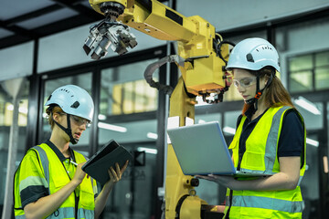 In an Industry 4.0 smart factory, an engineer uses a tablet to run an AI machine vision algorithm on a collaborative robot cobot, optimizing production via a real time digital twin.