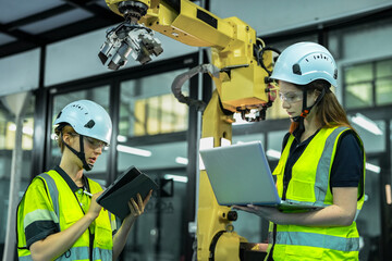 In an Industry 4.0 smart factory, an engineer uses a tablet to run an AI machine vision algorithm on a collaborative robot cobot, optimizing production via a real time digital twin.