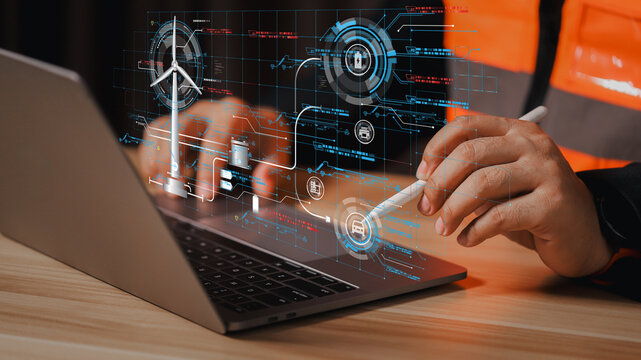 Engineer analyzing smart industrial system with digital holographic design, symbolizing innovation, automation, and advanced technology in modern factory and future engineering industry. - Powered by Adobe