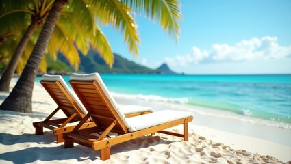 Obraz premium Tropical Beach with Lounge Chairs Palm Trees and Turquoise Ocean Serene Escape