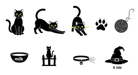 Set of black cat icons and symbols for halloween isolated on transparent background