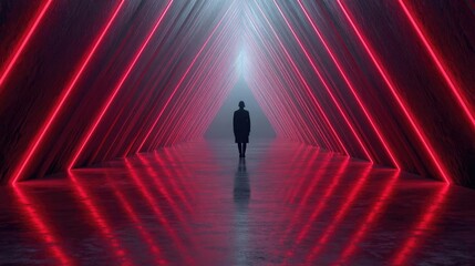 Person walking alone through winding maze path concept. A person standing in a futuristic neon-lit tunnel.
