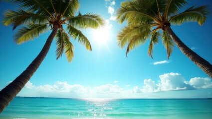Fototapeta premium Tropical Beach with Palm Trees and Turquoise Sea on a Sunny Day