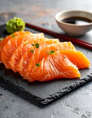 Fresh salmon sashimi on slate board, with wasabi and soy sauce