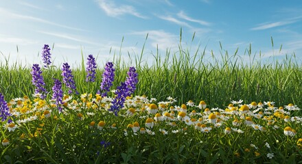 Wildflowers and tall grass under a blue sky