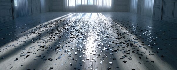 Broken glass on white background texture concept. Sunlight casts shadows on shards of glass on the floor.