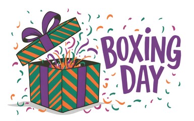 Boxing day gift box bursting with colorful confetti and ribbon, festive holiday sale illustration ideal for seasonal retail banners, shopping promotions, discount marketing and social media
