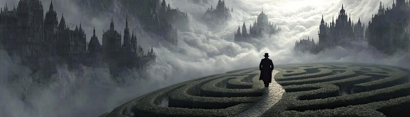 Person walking alone through winding maze path concept. A person navigating a mysterious maze shrouded in fog.