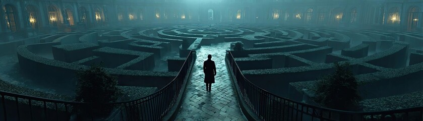 Person walking alone through winding maze path concept. Mysterious maze with fog and a lone figure exploring its paths.
