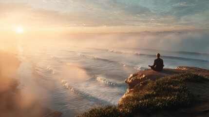 Find your inner peace with mindful meditation on a cliff overlooking the ocean at sunrise, perfect for wellness retreats and mental health campaigns