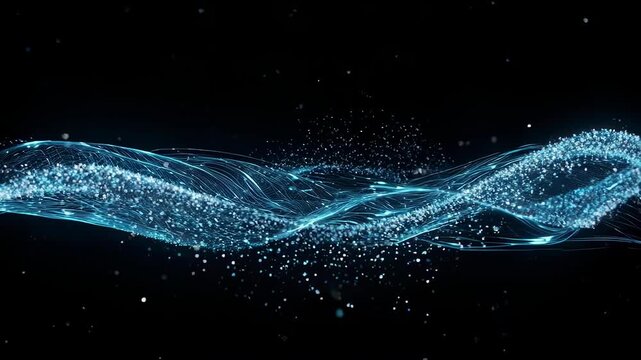 Abstract illustration of a flowing blue wave with glowing particles on a black background