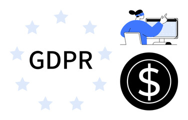 Analyst working on computer beside monetary icon, GDPR text with stars. Ideal for privacy, compliance, finance, technology, security, regulation legal contexts. Simple flat metaphor