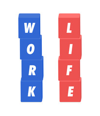 WORKとLIFEの英語の文字と青と赤のブロック - ワークライフバランスや仕事と生活のイメージ素材