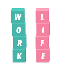 WORKとLIFEの英語の文字と緑とピンクのブロック - ワークライフバランスや仕事と生活のイメージ