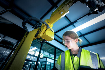 In an Industry 4.0 smart factory, an engineer uses a tablet to run an AI machine vision algorithm on a collaborative robot cobot, optimizing production via a real time digital twin.