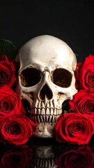 Still life a human skull surrounded by vibrant red roses