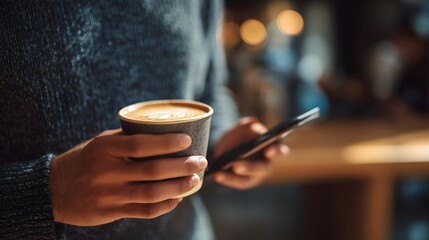 Close up of hands holding a disposable coffee cup with latte art and a smartphone.