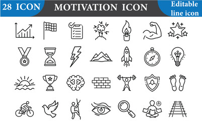 A set of motivation icons that includes symbols of success, goals, and achievements. The icons are isolated on a white background and have editable lines.