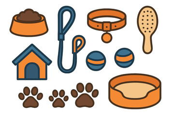 Essential dog accessories collection including leash, collar, food bowl, bed, house, and toys