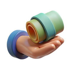 Stylized 3d hand holding rolled up money bills against black background