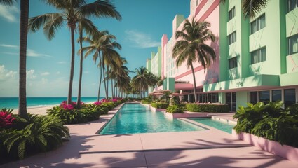 Fototapeta premium Tropical Hotel with Swimming Pool and Palm Trees on Beachfront Property