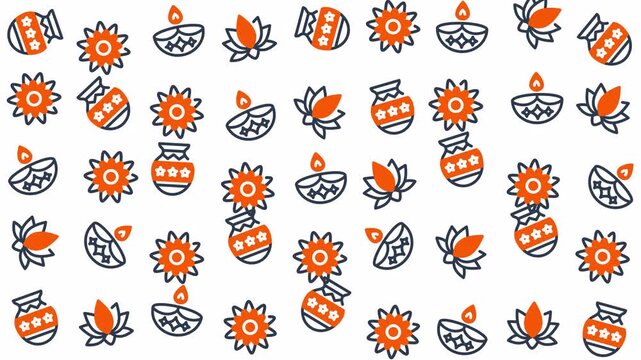 Looping seamless animation featuring Diwali festival elements such as diya oil lamps, lotus flowers, kalash pots, and sun motifs in vibrant orange and navy blue colors. Perfect for festive motion back
